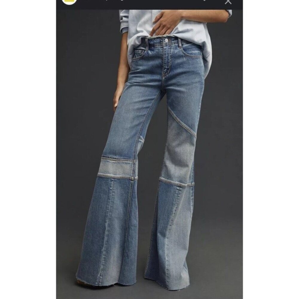 Anthropologie Pilcro Supermodel Mid-Rise Flare Jeans Printed Patchwork 23 XXS EU